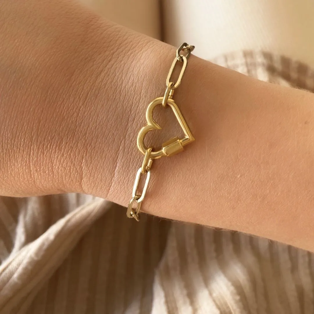 Heart Lock Paperclip Chain Bracelet, Gold