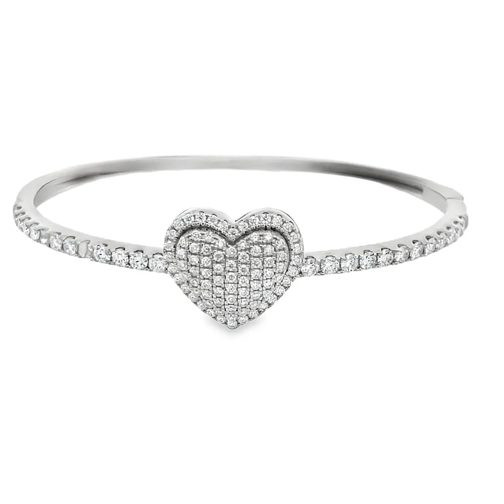 Heart Moissanite Iced Out Bangle .925 Sterling Silver