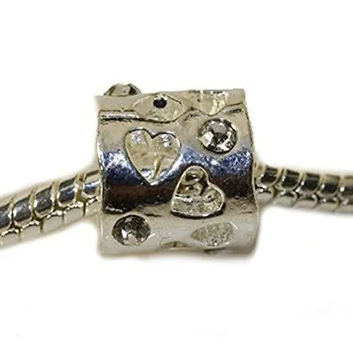 Hearts with  Rhinestone Crystals European Bead Compatible for Most European Snake Chain Bracelet