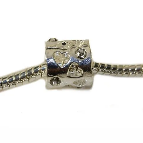 Hearts with  Rhinestone Crystals European Bead Compatible for Most European Snake Chain Bracelet