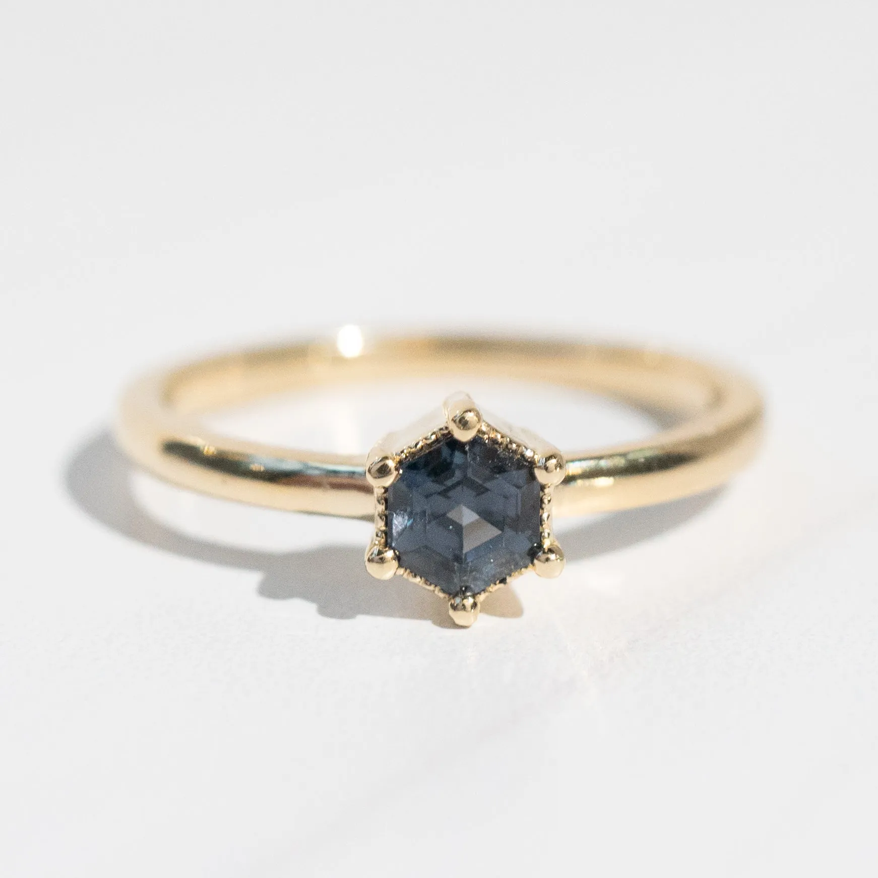 Hexagon Green-Blue Spinel Ring in 14k Yellow Gold