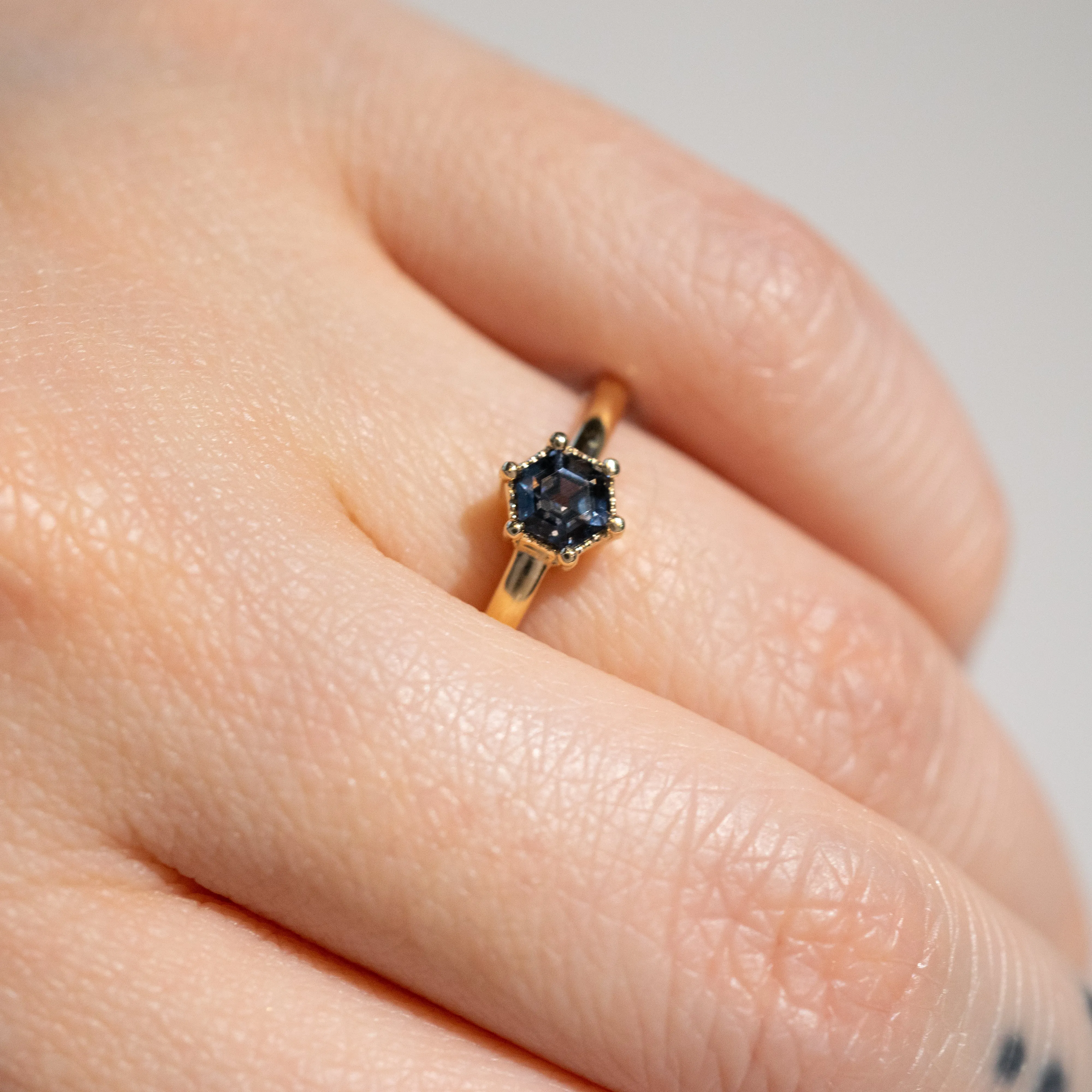 Hexagon Green-Blue Spinel Ring in 14k Yellow Gold