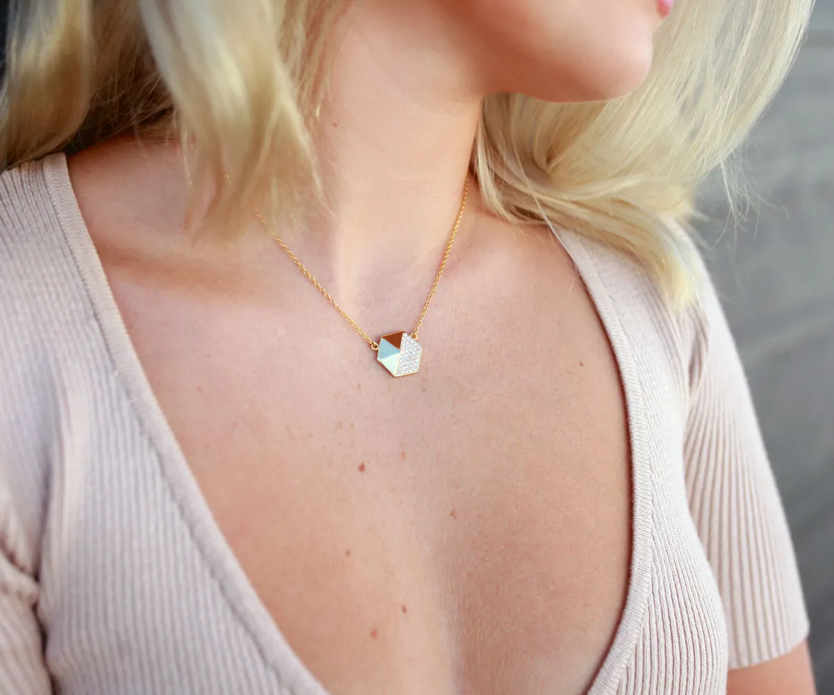 Hexagon Pavé Crystal Gold Necklace