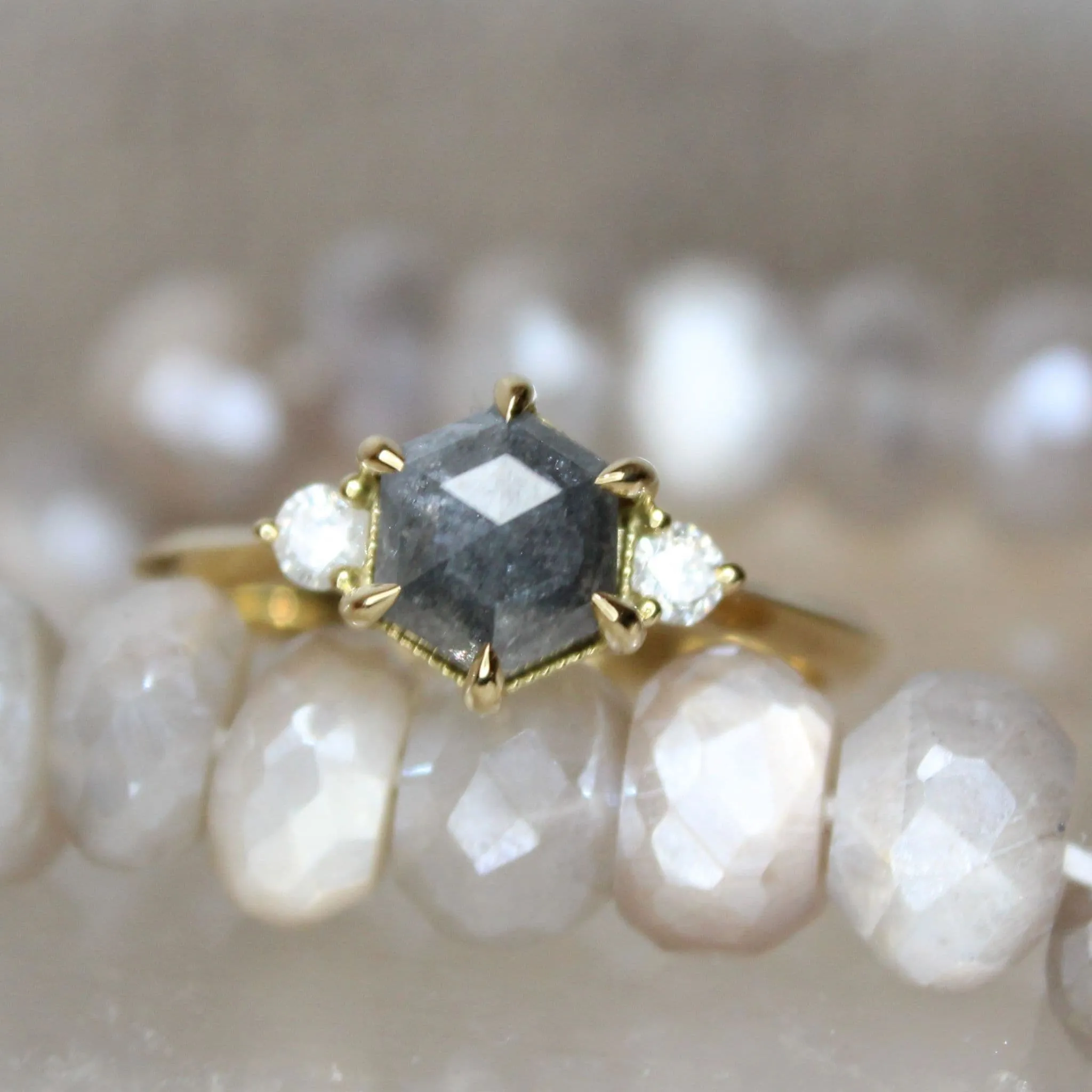Hexagon Salt And Pepper Diamond Trilogy Ring