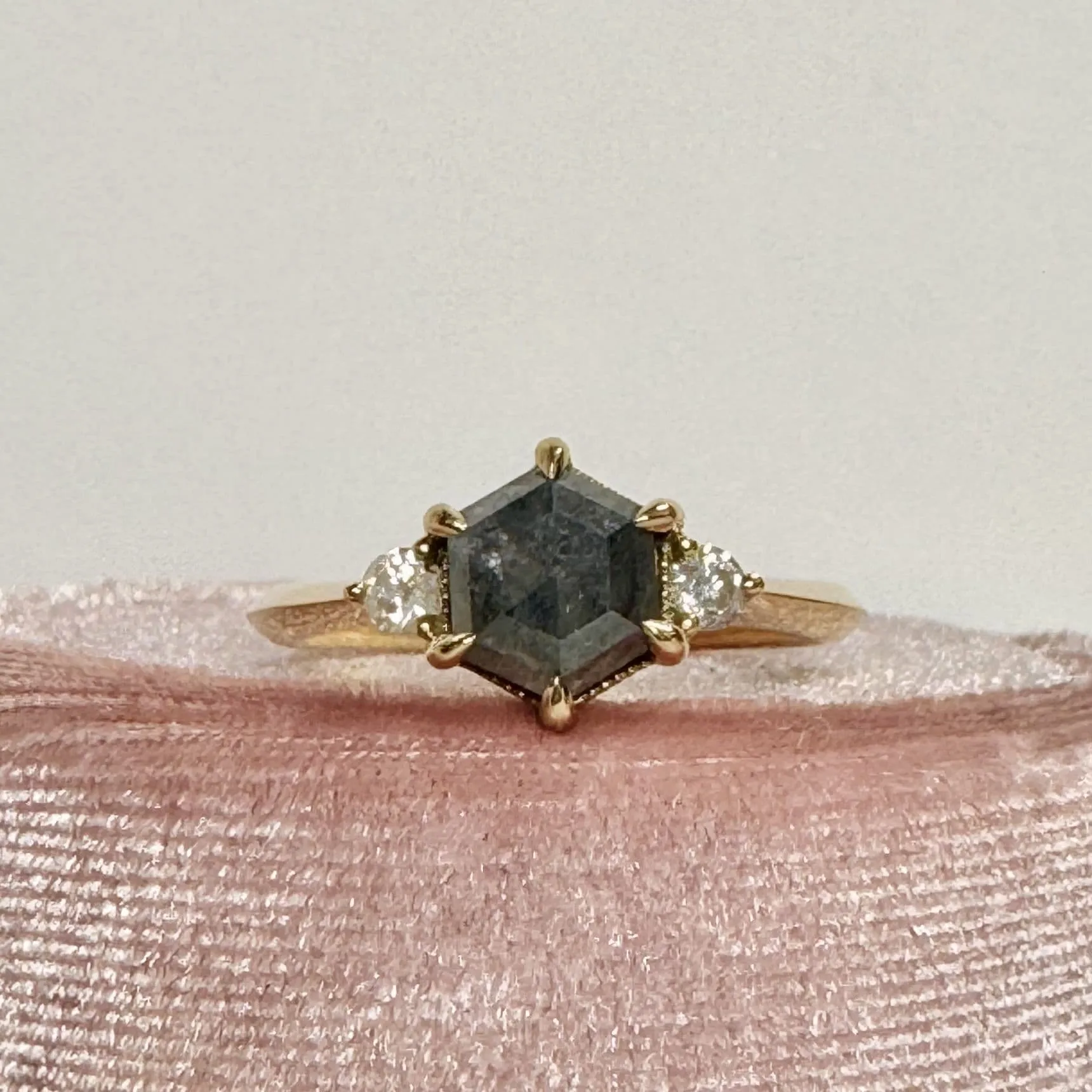 Hexagon Salt And Pepper Diamond Trilogy Ring