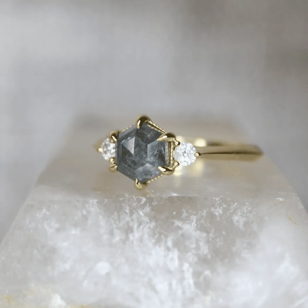 Hexagon Salt And Pepper Diamond Trilogy Ring
