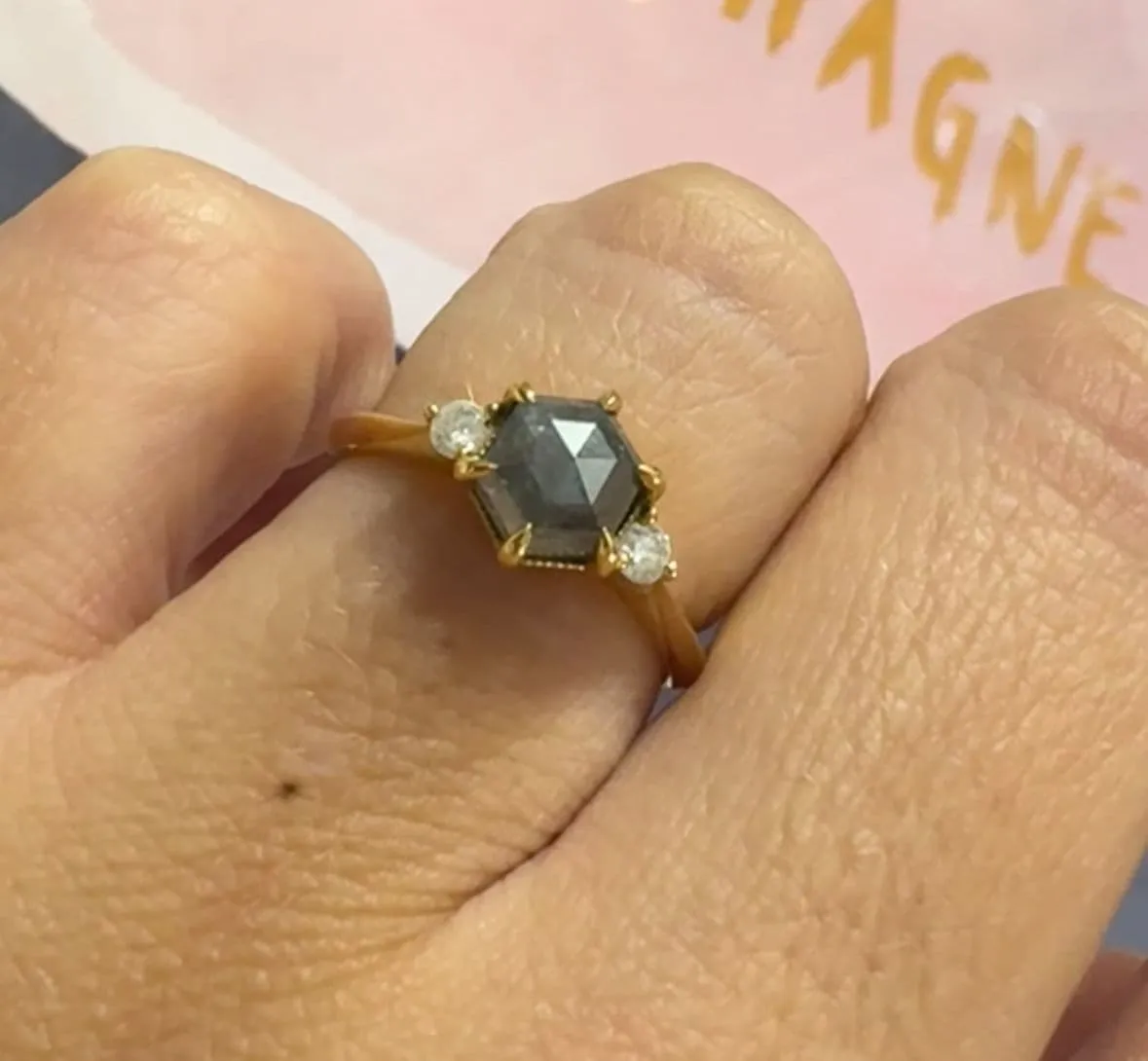 Hexagon Salt And Pepper Diamond Trilogy Ring