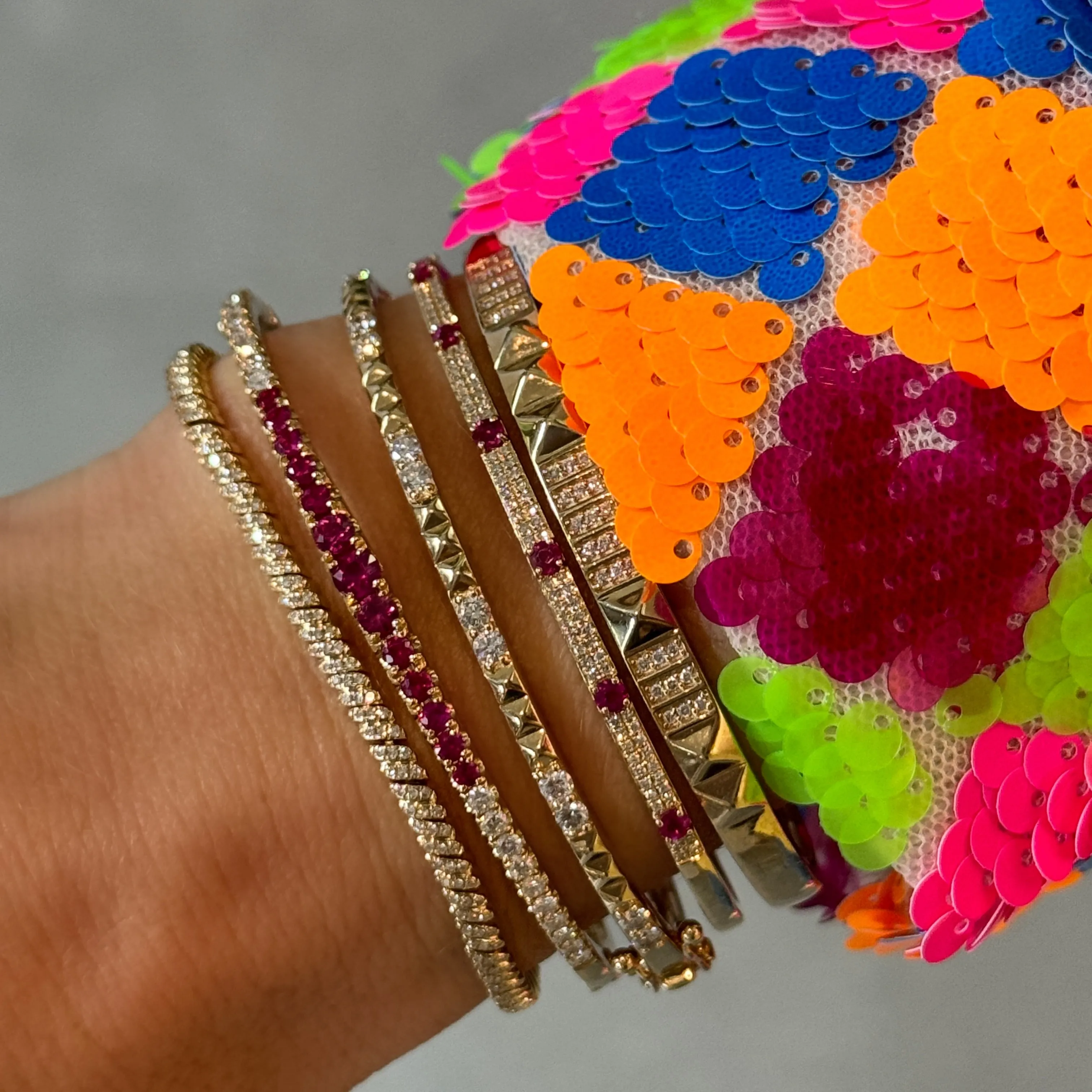High Polish Pyramid & Diamond Spike Bangle Bracelet