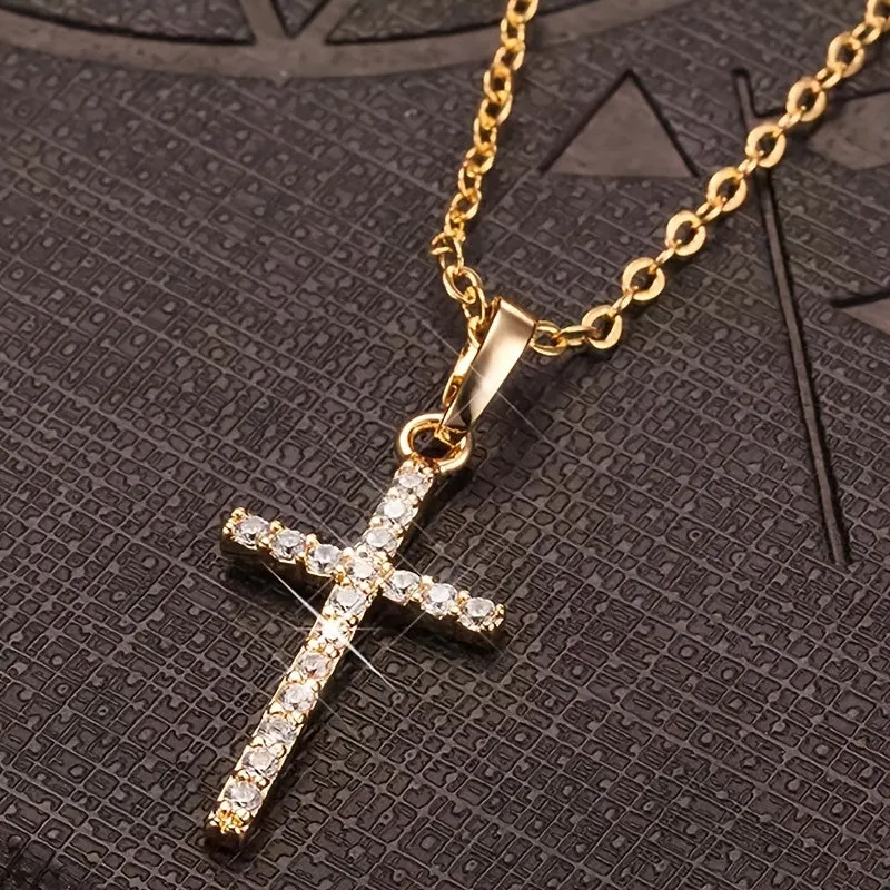 Hip Hop Square Zircon Cross Necklace Punk Personality Couple Pendant