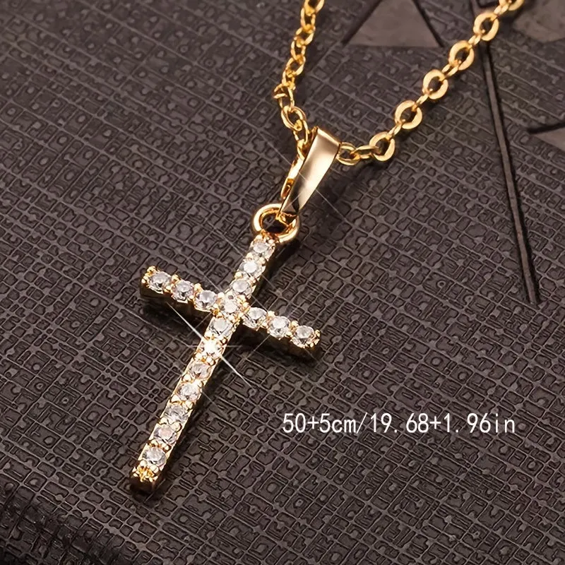 Hip Hop Square Zircon Cross Necklace Punk Personality Couple Pendant
