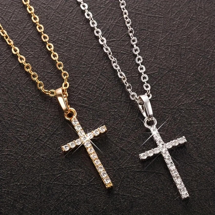 Hip Hop Square Zircon Cross Necklace Punk Personality Couple Pendant