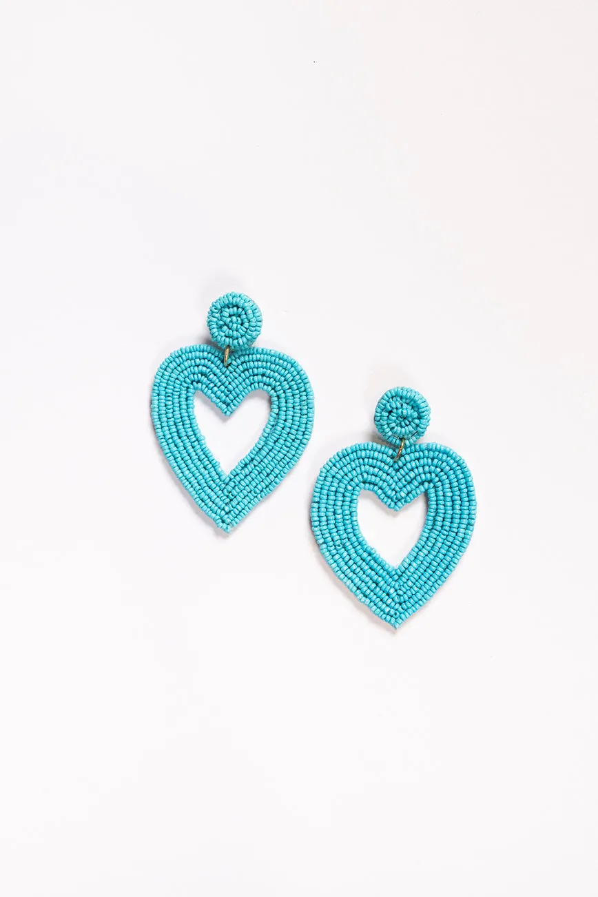 Hollow Heart Beaded Earrings in Turquoise