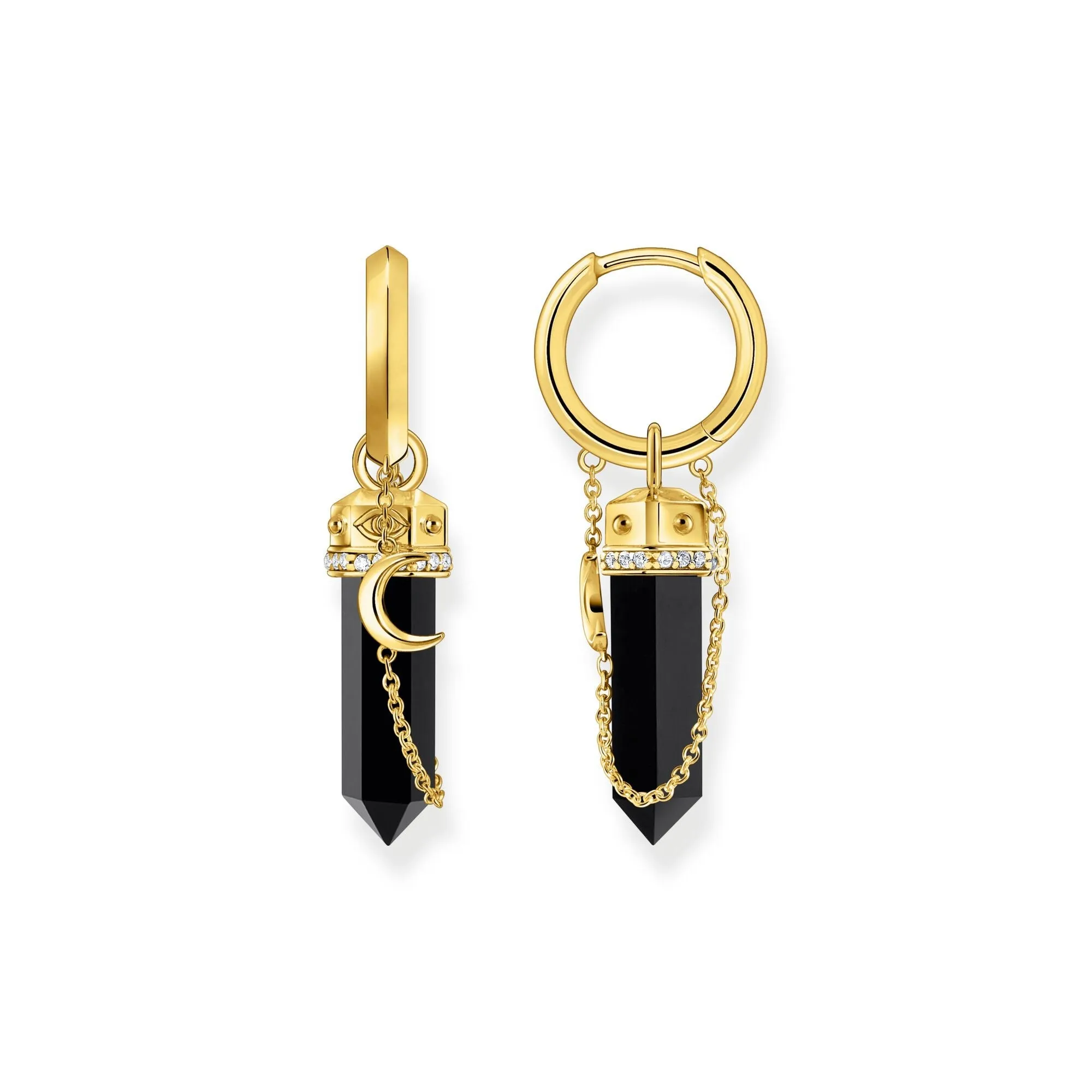 Hoop earrings with onyx and small chain