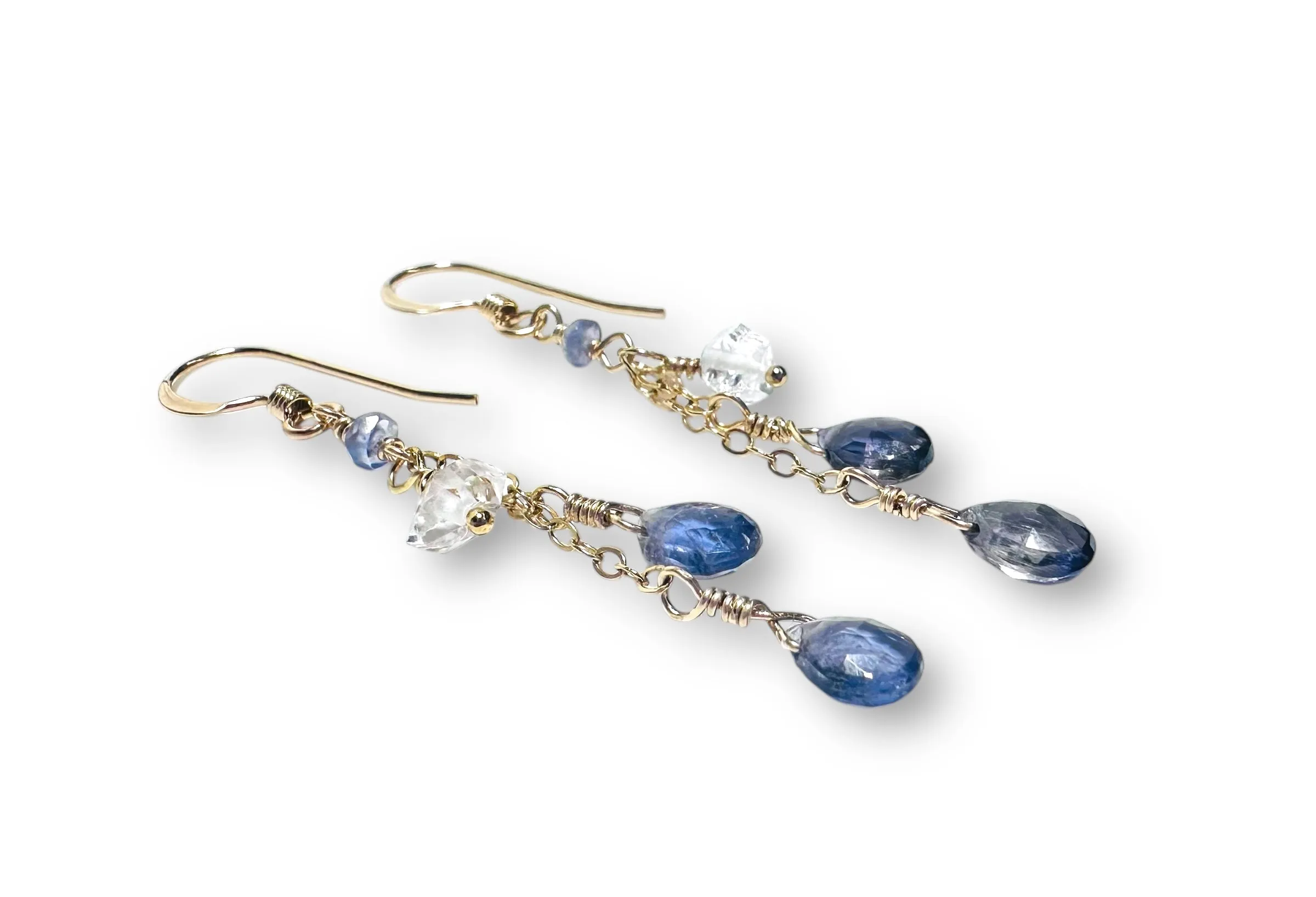 Iolite and Herkiner Diamond Gemstone Earrings, Cascade Chain Earrings