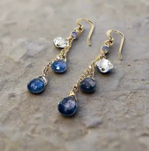 Iolite and Herkiner Diamond Gemstone Earrings, Cascade Chain Earrings