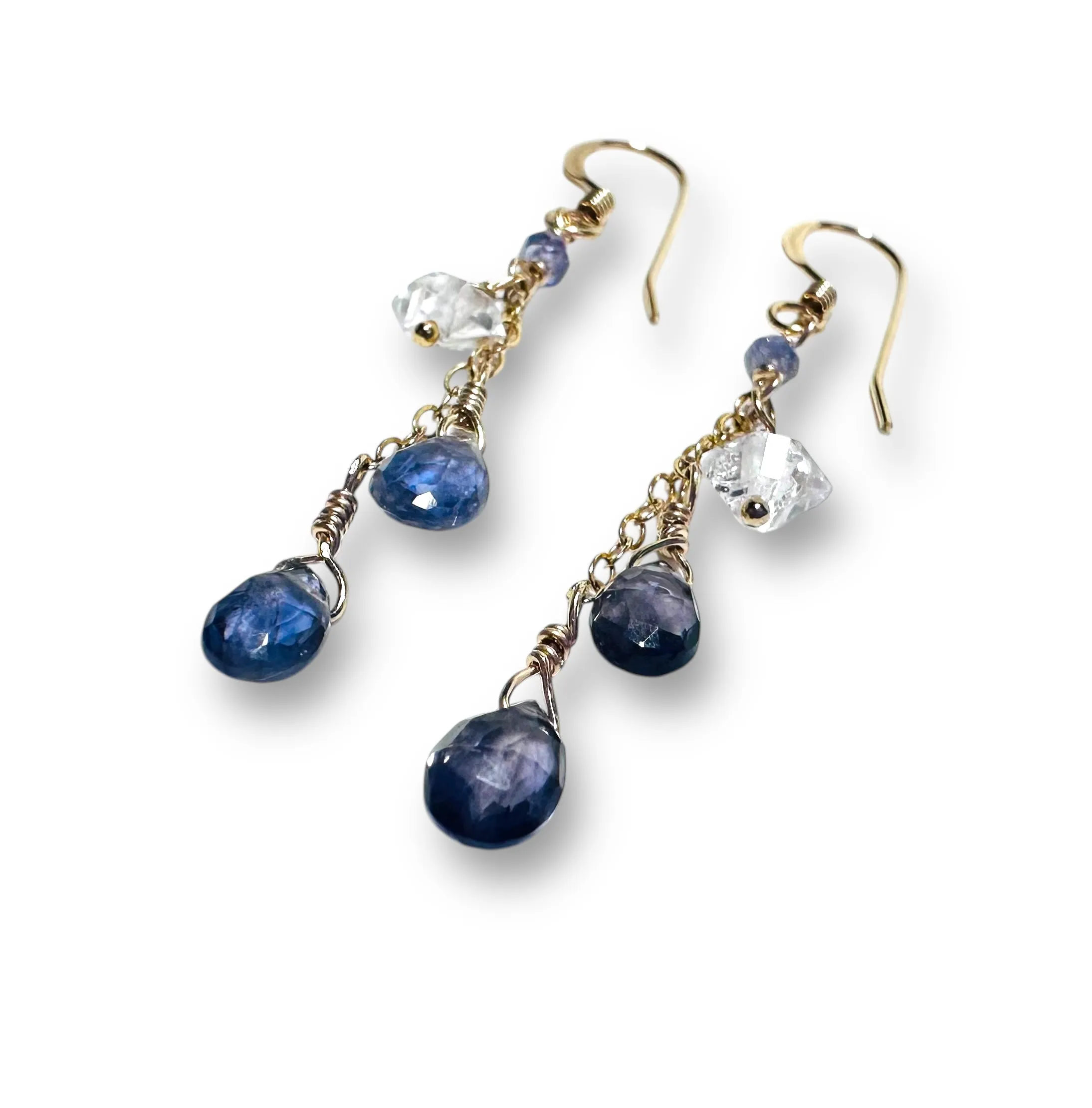 Iolite and Herkiner Diamond Gemstone Earrings, Cascade Chain Earrings