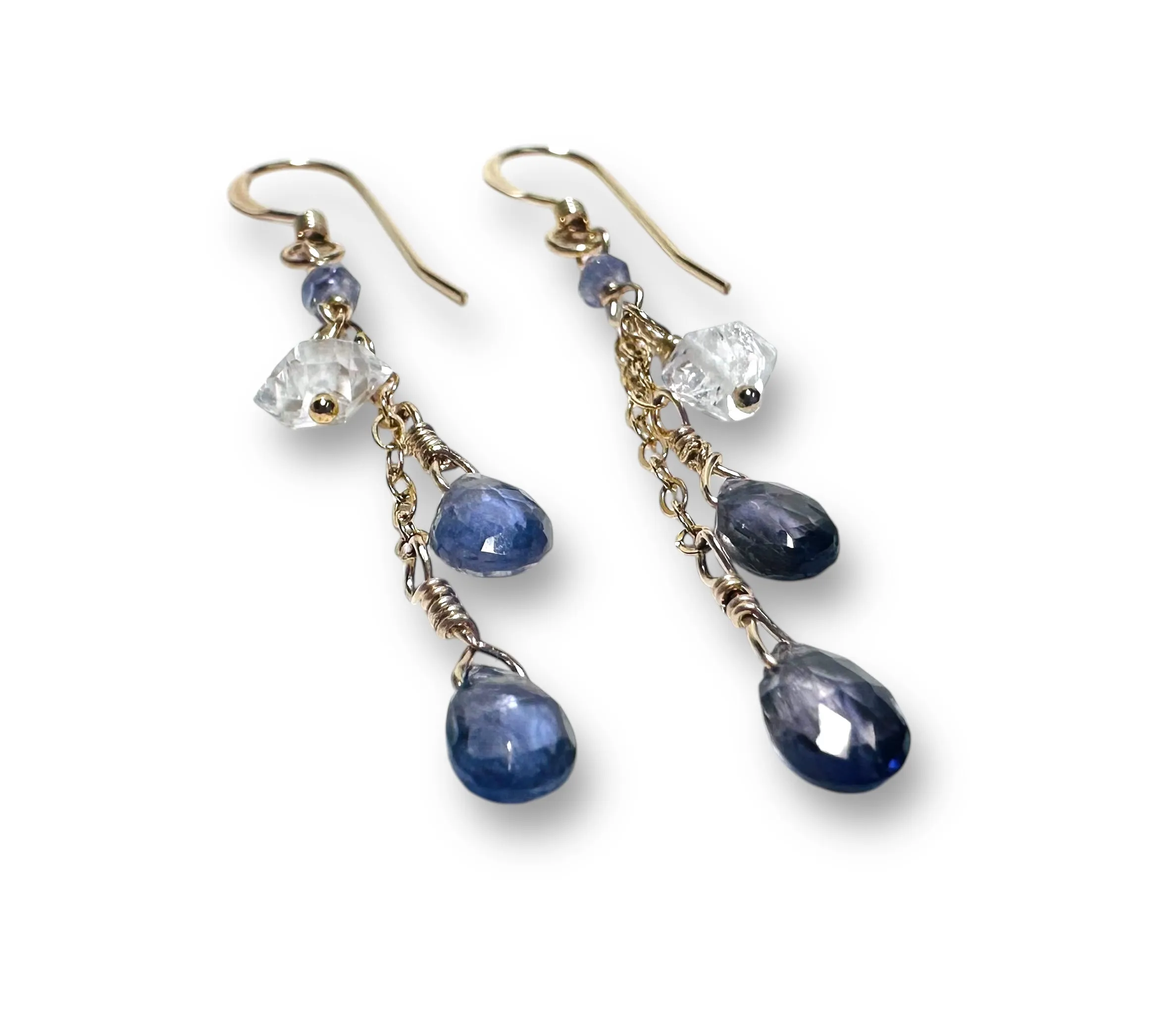 Iolite and Herkiner Diamond Gemstone Earrings, Cascade Chain Earrings