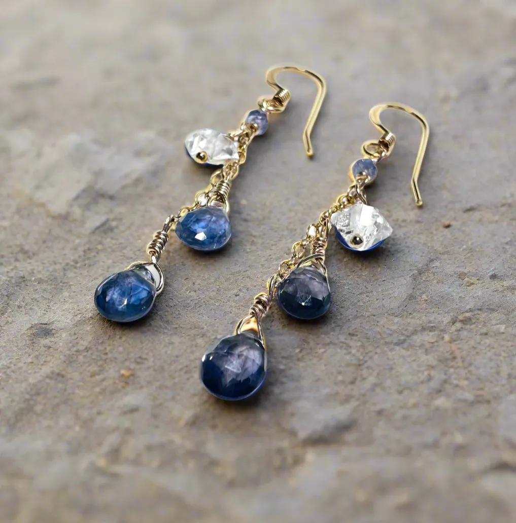 Iolite and Herkiner Diamond Gemstone Earrings, Cascade Chain Earrings