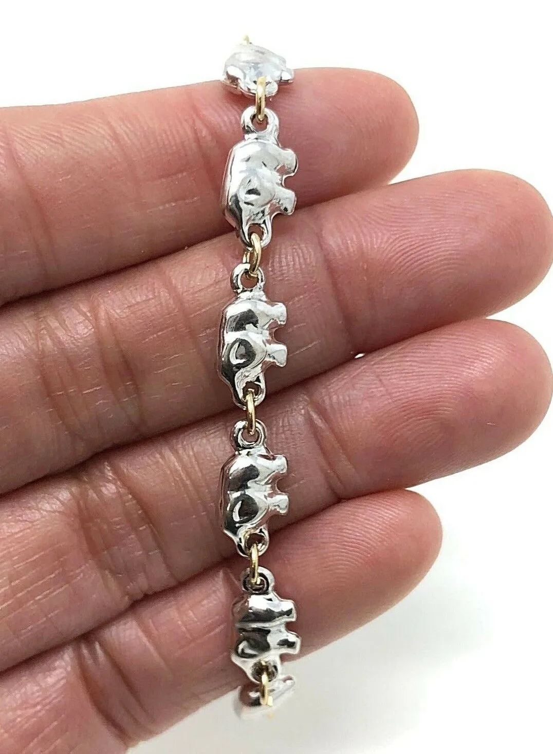 Italian 14k Two Tone Gold Hollow Charm Elephant Bracelet 6.8" 6.7mm 6.6 grams