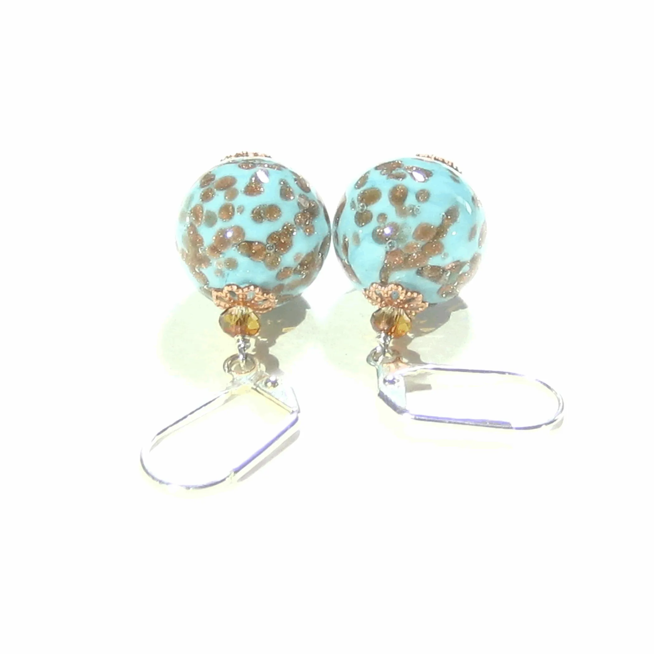 Italian Murano Glass Turquoise Copper Silver Earrings - Venetian Glass Jewelry