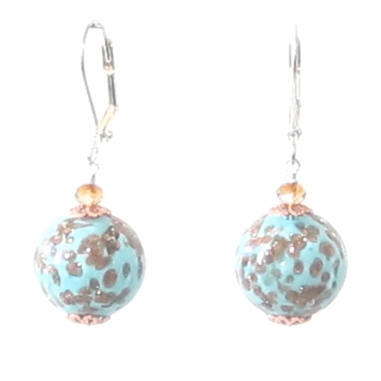 Italian Murano Glass Turquoise Copper Silver Earrings - Venetian Glass Jewelry