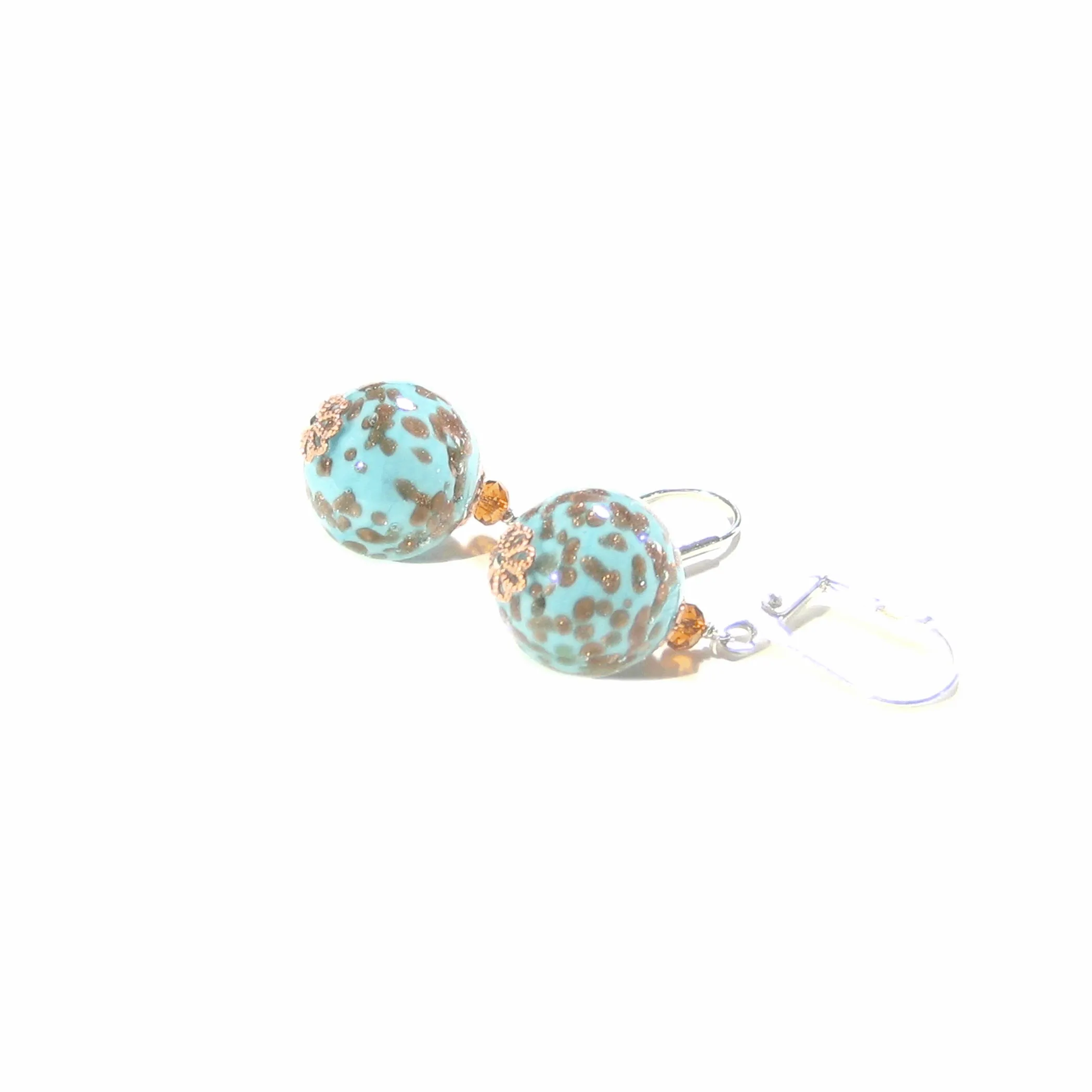 Italian Murano Glass Turquoise Copper Silver Earrings - Venetian Glass Jewelry
