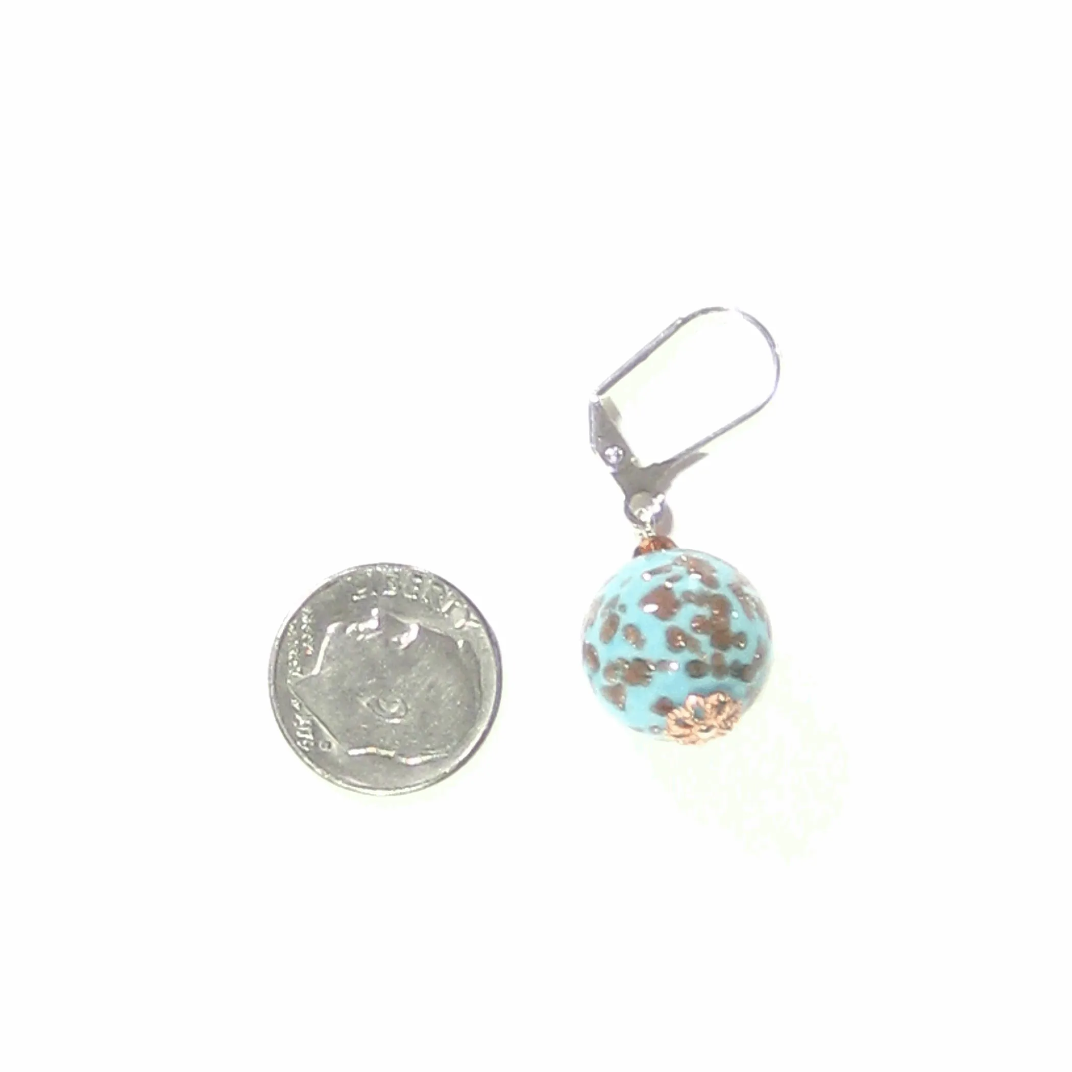 Italian Murano Glass Turquoise Copper Silver Earrings - Venetian Glass Jewelry