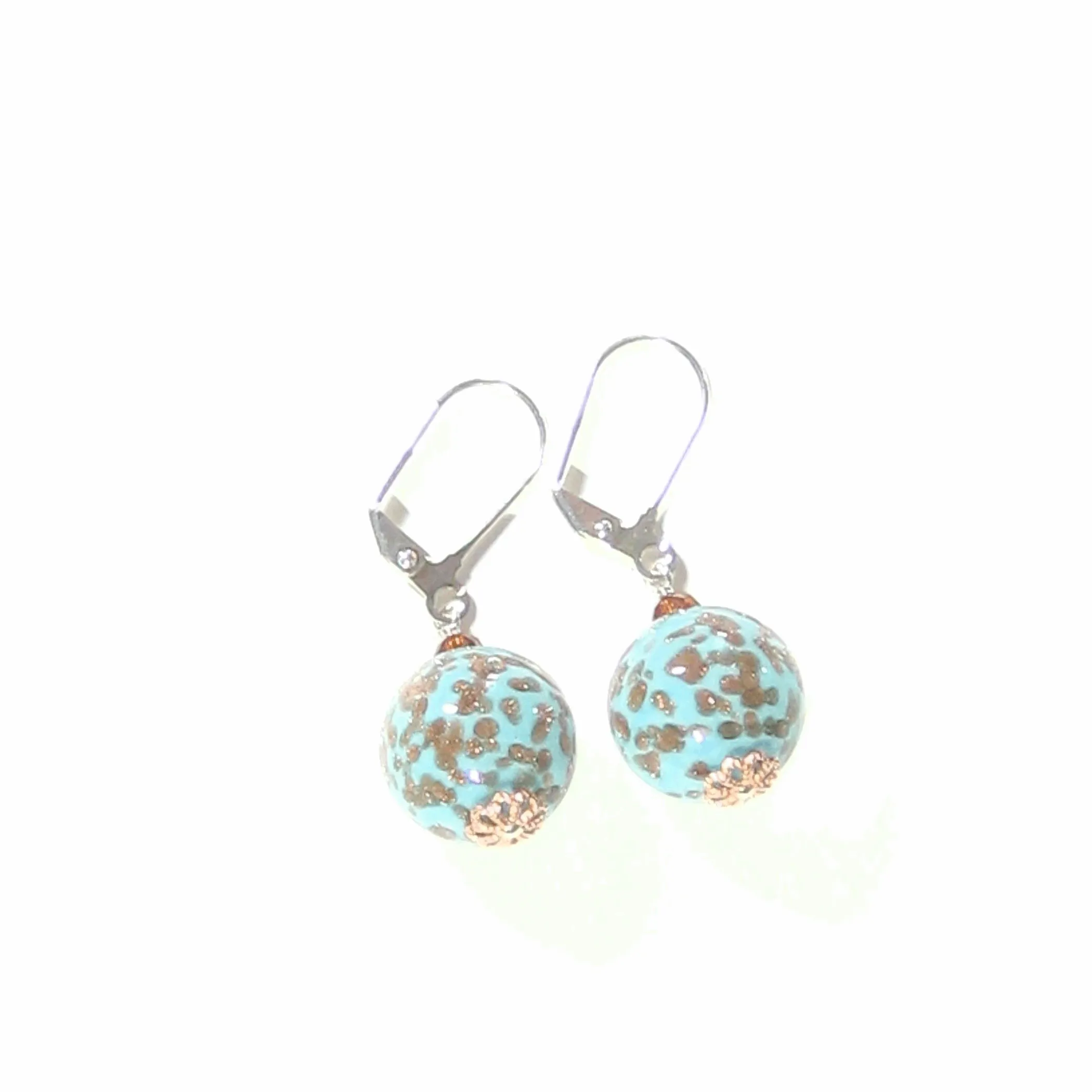 Italian Murano Glass Turquoise Copper Silver Earrings - Venetian Glass Jewelry