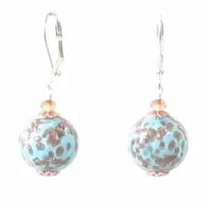 Italian Murano Glass Turquoise Copper Silver Earrings - Venetian Glass Jewelry