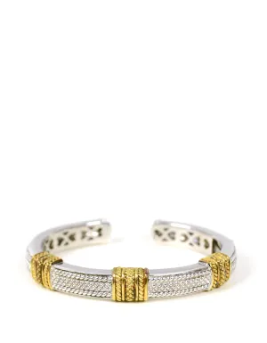 Judith Ripka Sterling Silver & 18K Gold 3 Station Hinged Bangle Bracelet