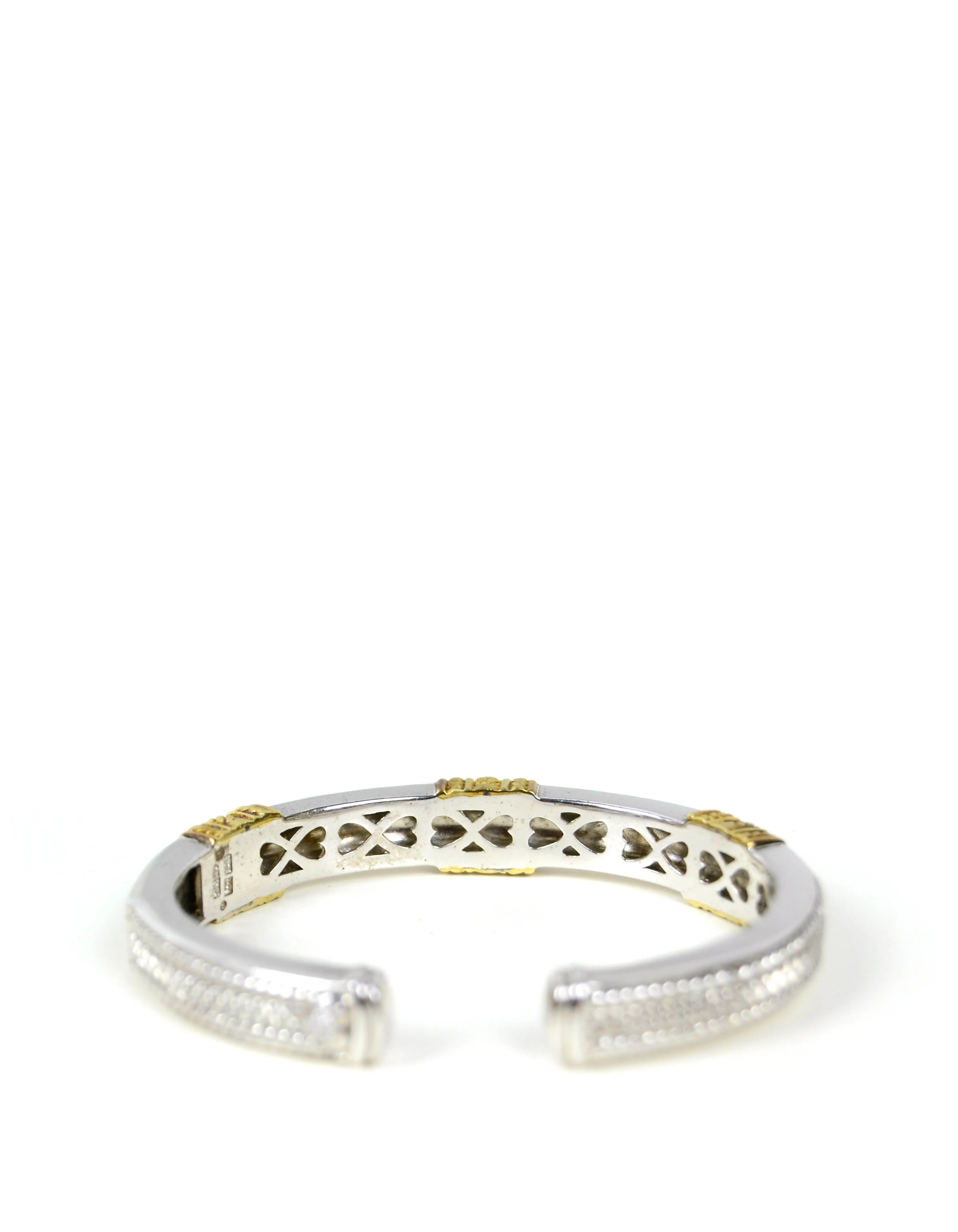 Judith Ripka Sterling Silver & 18K Gold 3 Station Hinged Bangle Bracelet
