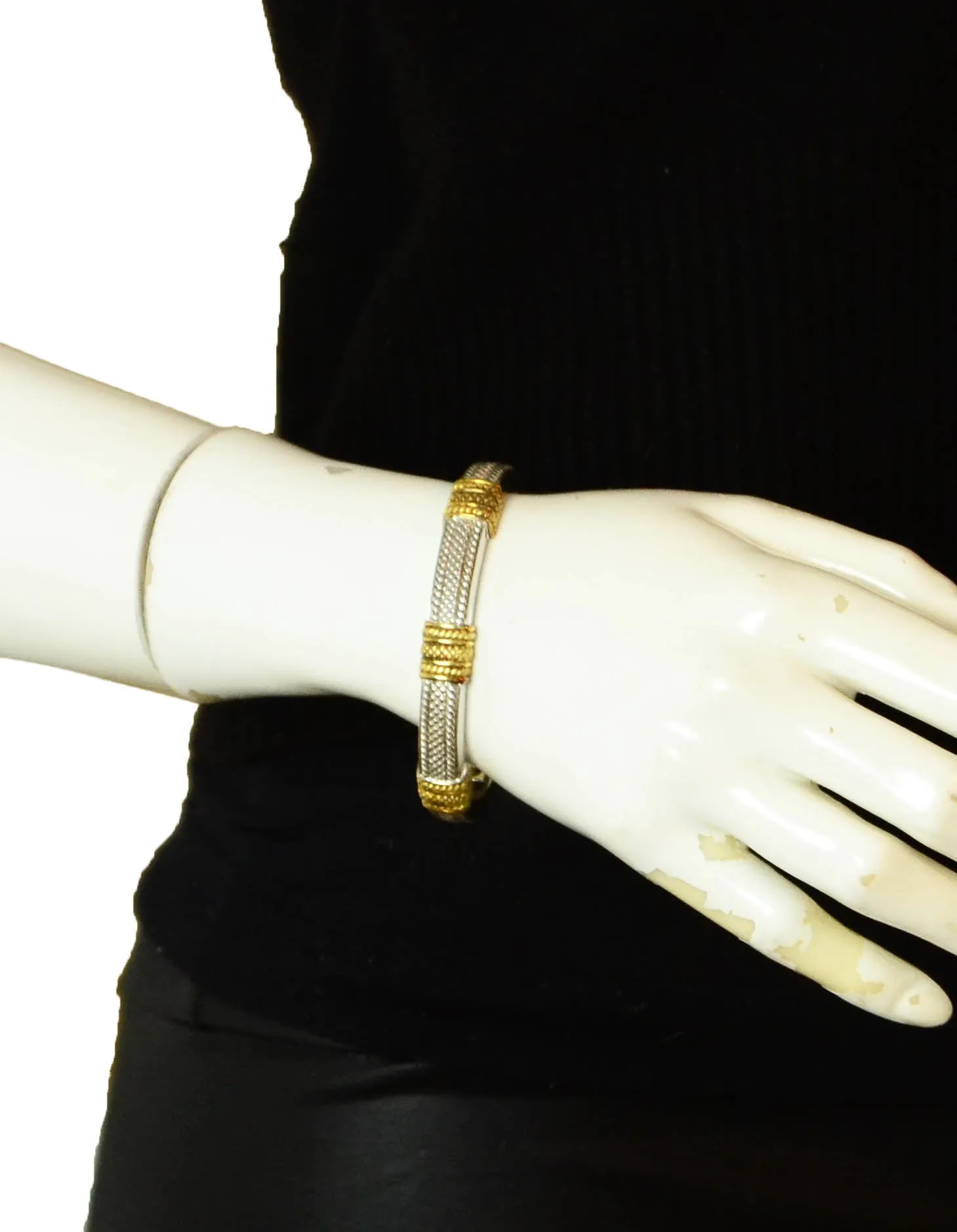 Judith Ripka Sterling Silver & 18K Gold 3 Station Hinged Bangle Bracelet