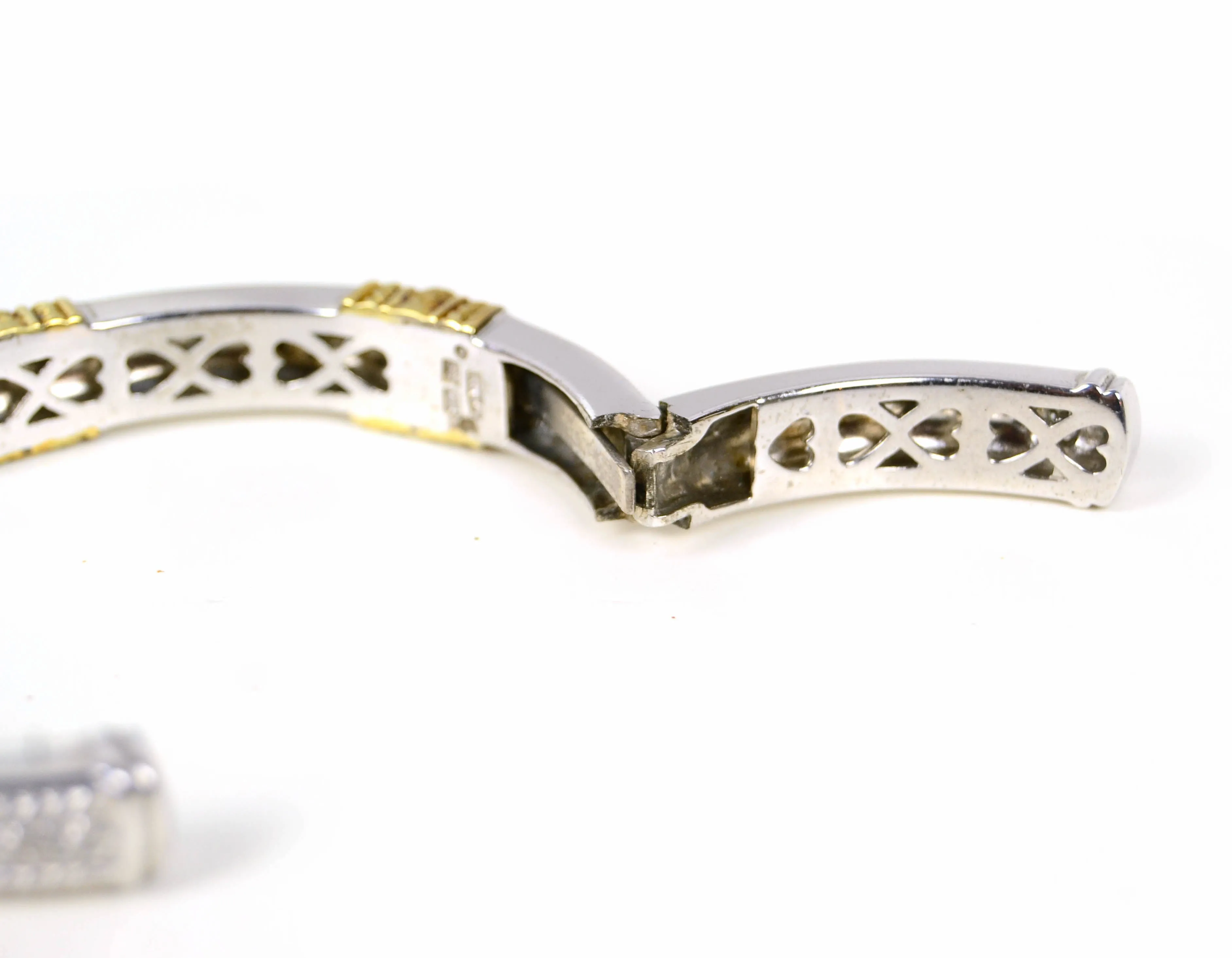 Judith Ripka Sterling Silver & 18K Gold 3 Station Hinged Bangle Bracelet