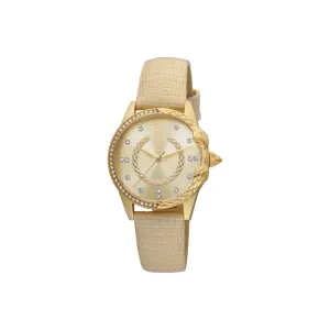Just Cavalli Ladies Watch Ip Gold Case Beige Leather Strap With Stone On The Bezel