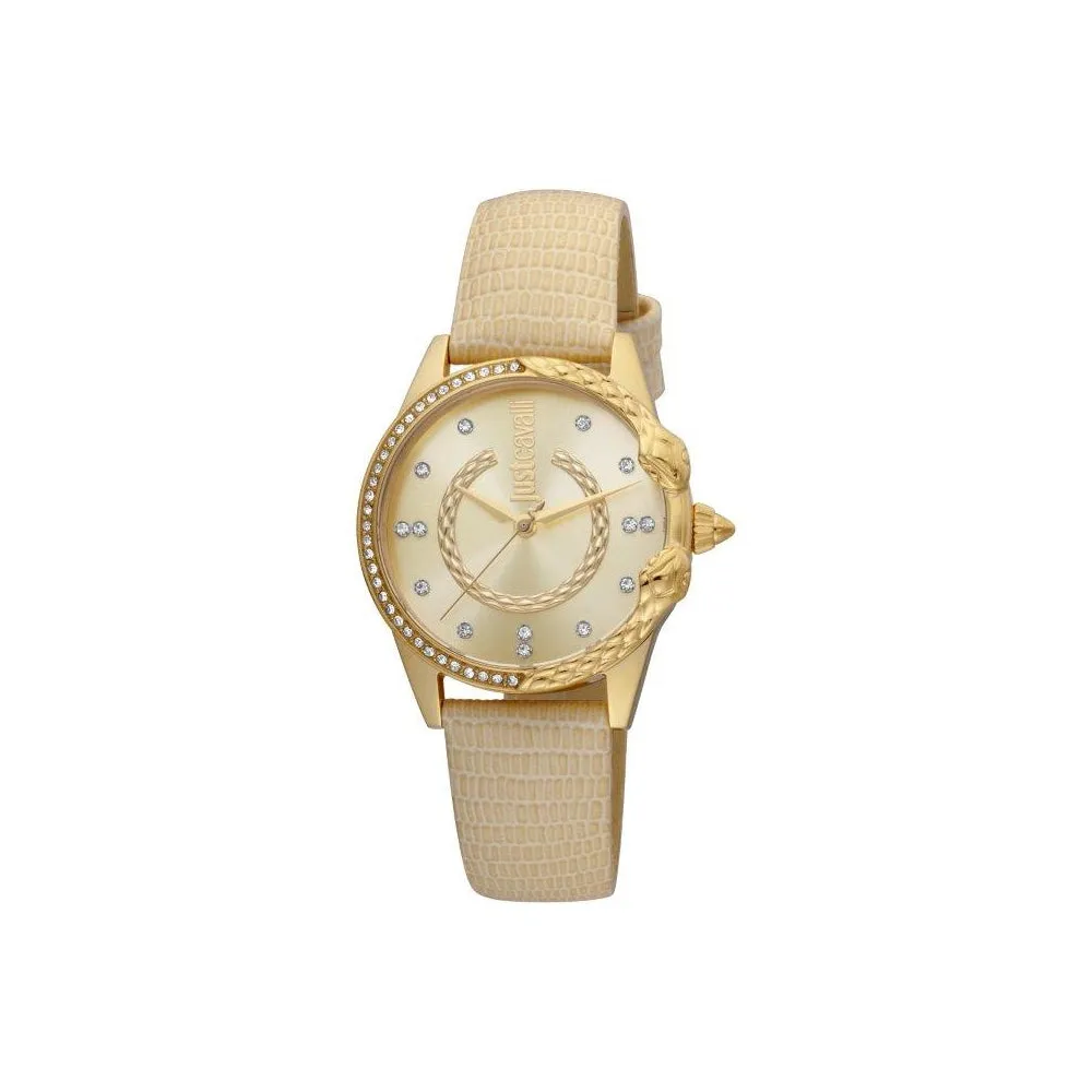 Just Cavalli Ladies Watch Ip Gold Case Beige Leather Strap With Stone On The Bezel