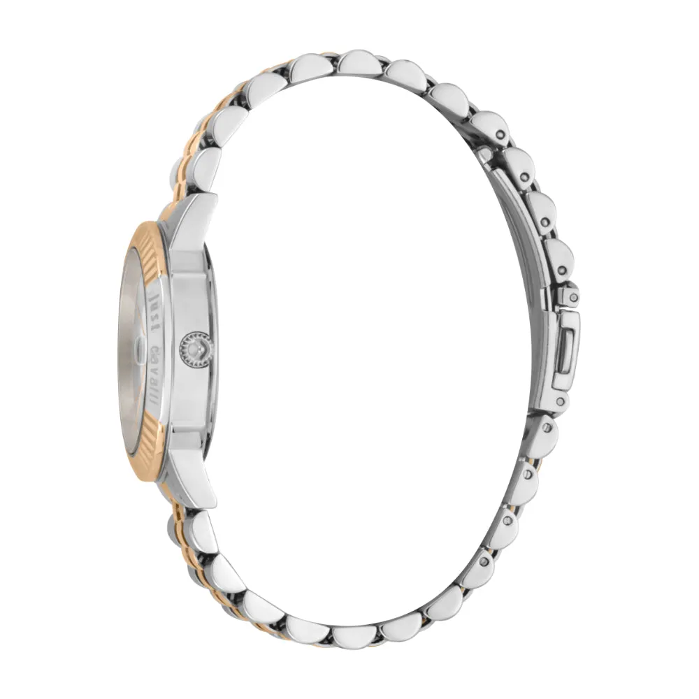 Just Cavalli Women Watch, Two Tone Rose Gold & Black Color Case, Silver Dial, Two Tone Silver & Rose Gold Color Stainless Steel Metal Bracelet