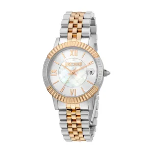 Just Cavalli Women Watch, Two Tone Rose Gold & Black Color Case, Silver Dial, Two Tone Silver & Rose Gold Color Stainless Steel Metal Bracelet