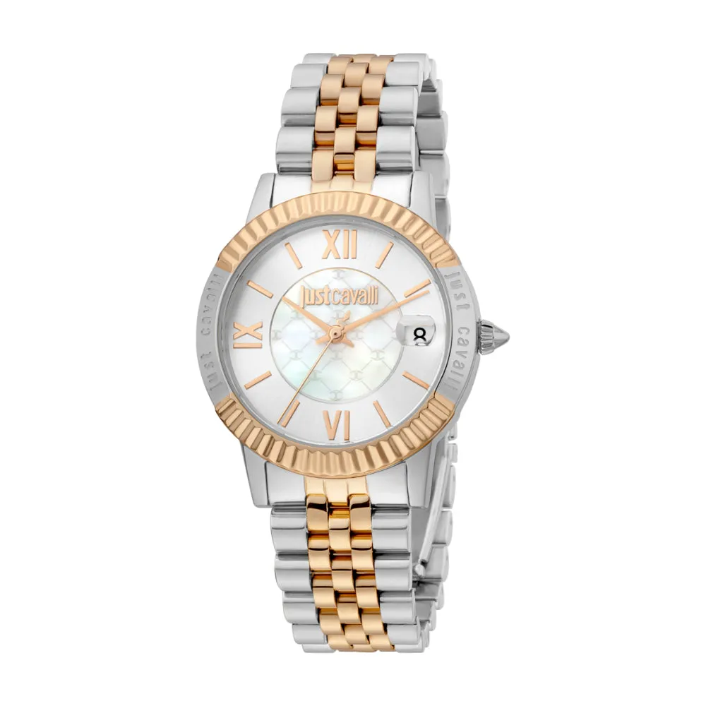 Just Cavalli Women Watch, Two Tone Rose Gold & Black Color Case, Silver Dial, Two Tone Silver & Rose Gold Color Stainless Steel Metal Bracelet