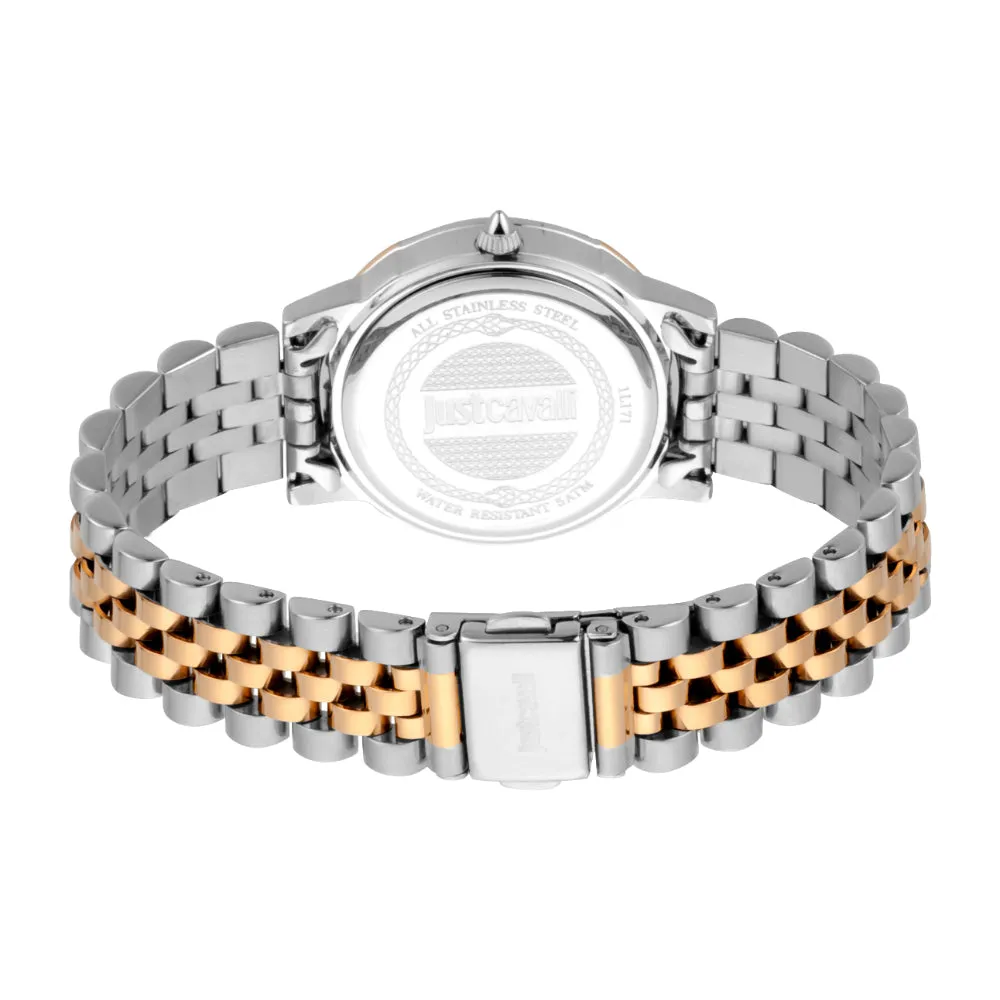 Just Cavalli Women Watch, Two Tone Rose Gold & Black Color Case, Silver Dial, Two Tone Silver & Rose Gold Color Stainless Steel Metal Bracelet