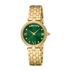 Just Cavalli Women's Gold Tone Watch with Dark Green Dial and Gold Metal Bracelet