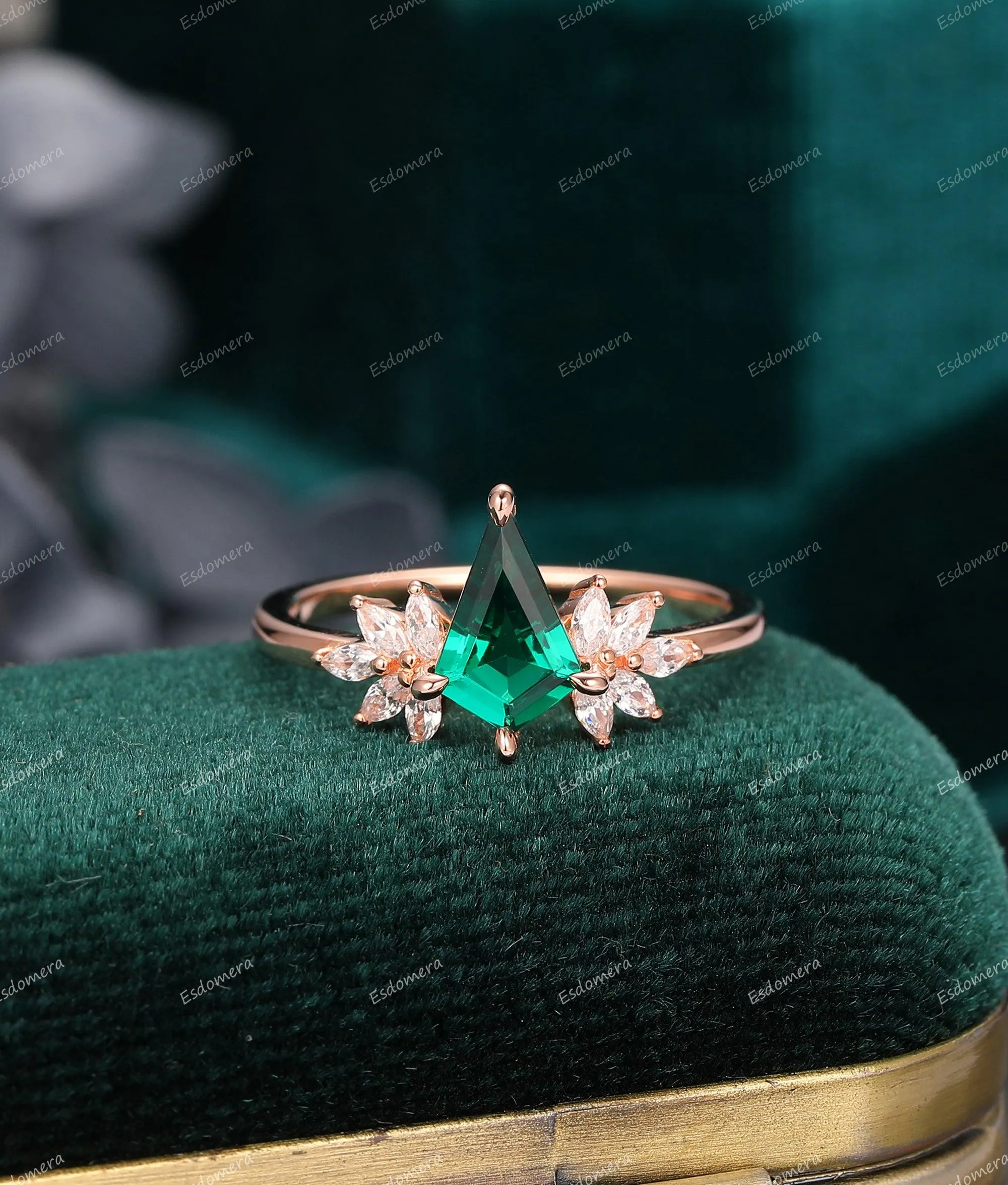 Kite Shaped 1.35CT Emerald Engagement Ring, Marquise Moissanite Art Deco Ring, 14k Rose Gold Wedding Moissanite Ring