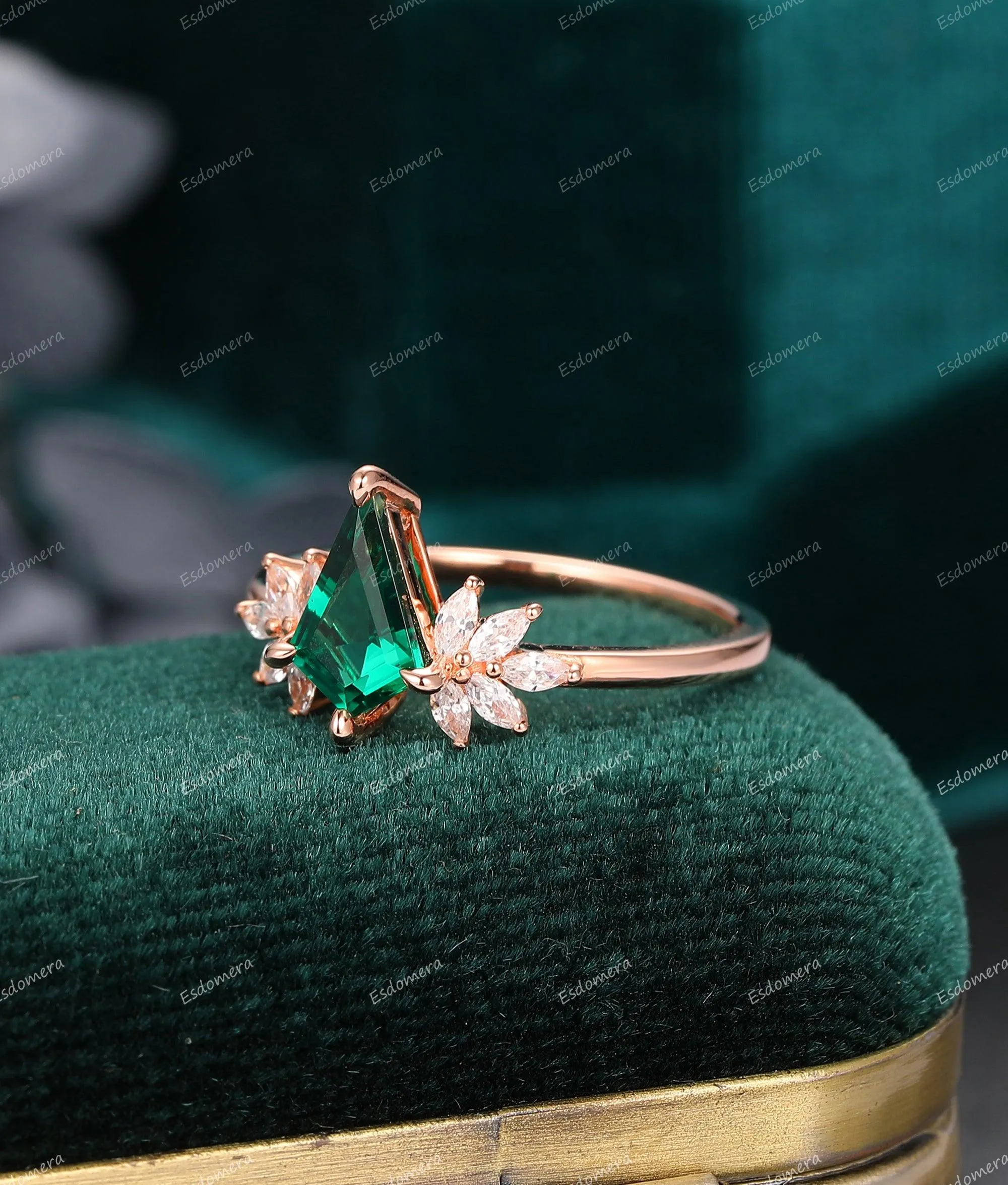 Kite Shaped 1.35CT Emerald Engagement Ring, Marquise Moissanite Art Deco Ring, 14k Rose Gold Wedding Moissanite Ring