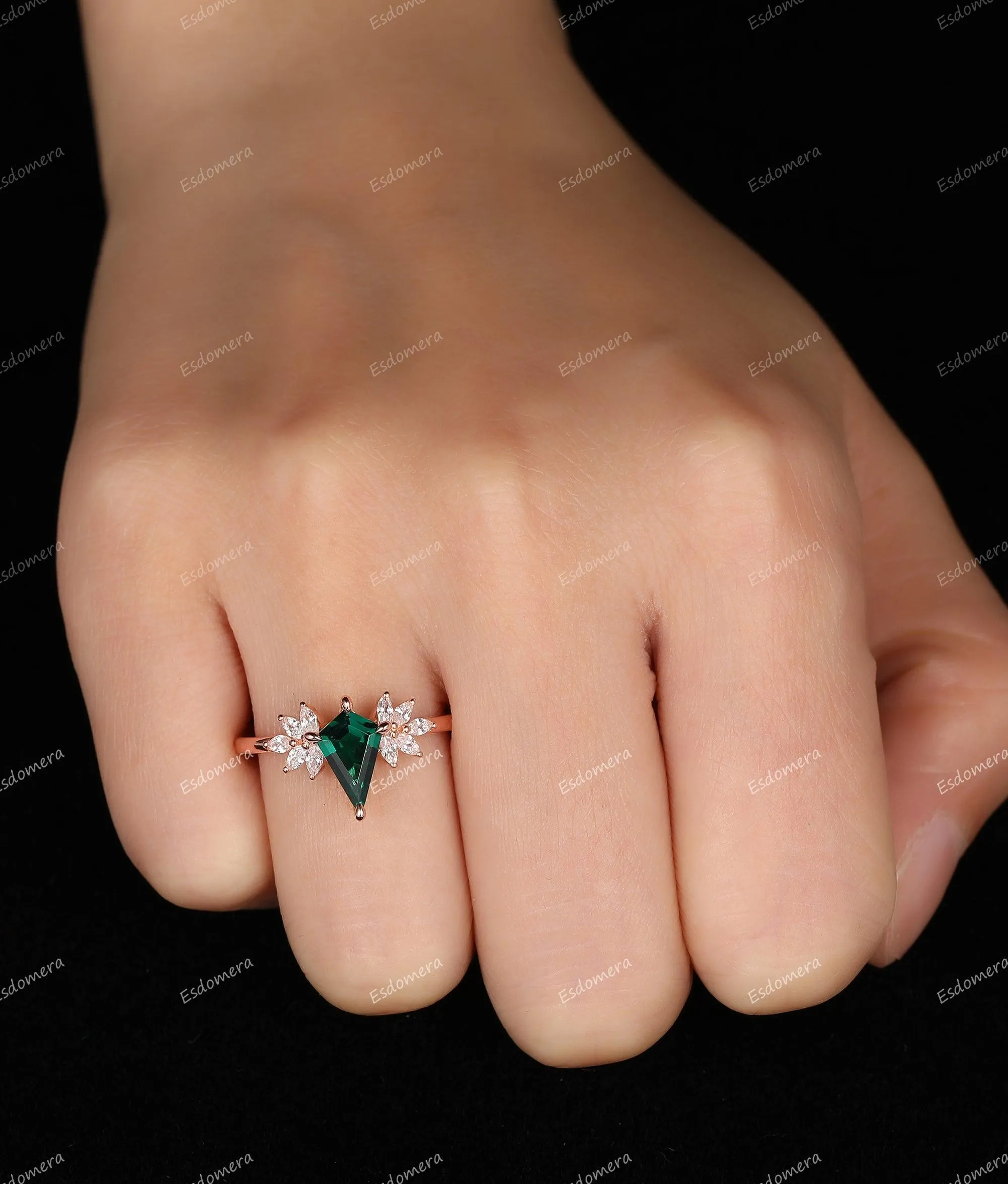 Kite Shaped 1.35CT Emerald Engagement Ring, Marquise Moissanite Art Deco Ring, 14k Rose Gold Wedding Moissanite Ring
