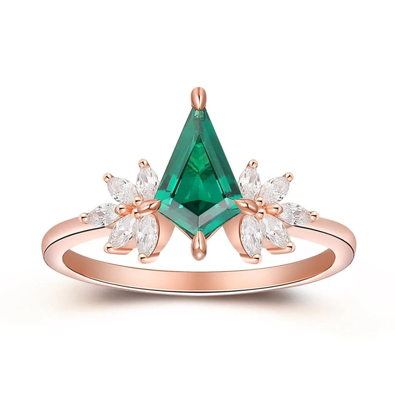 Kite Shaped 1.35CT Emerald Engagement Ring, Marquise Moissanite Art Deco Ring, 14k Rose Gold Wedding Moissanite Ring