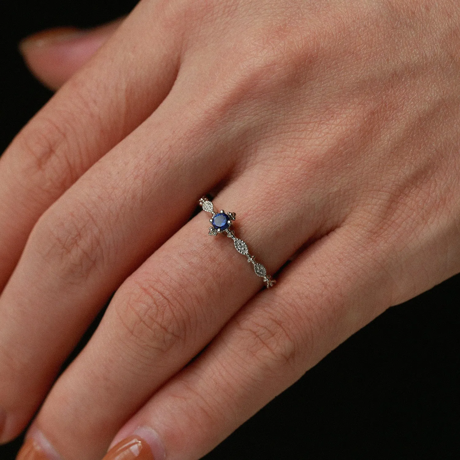 Lab Sapphire Vintage Inspired White Gold Ring