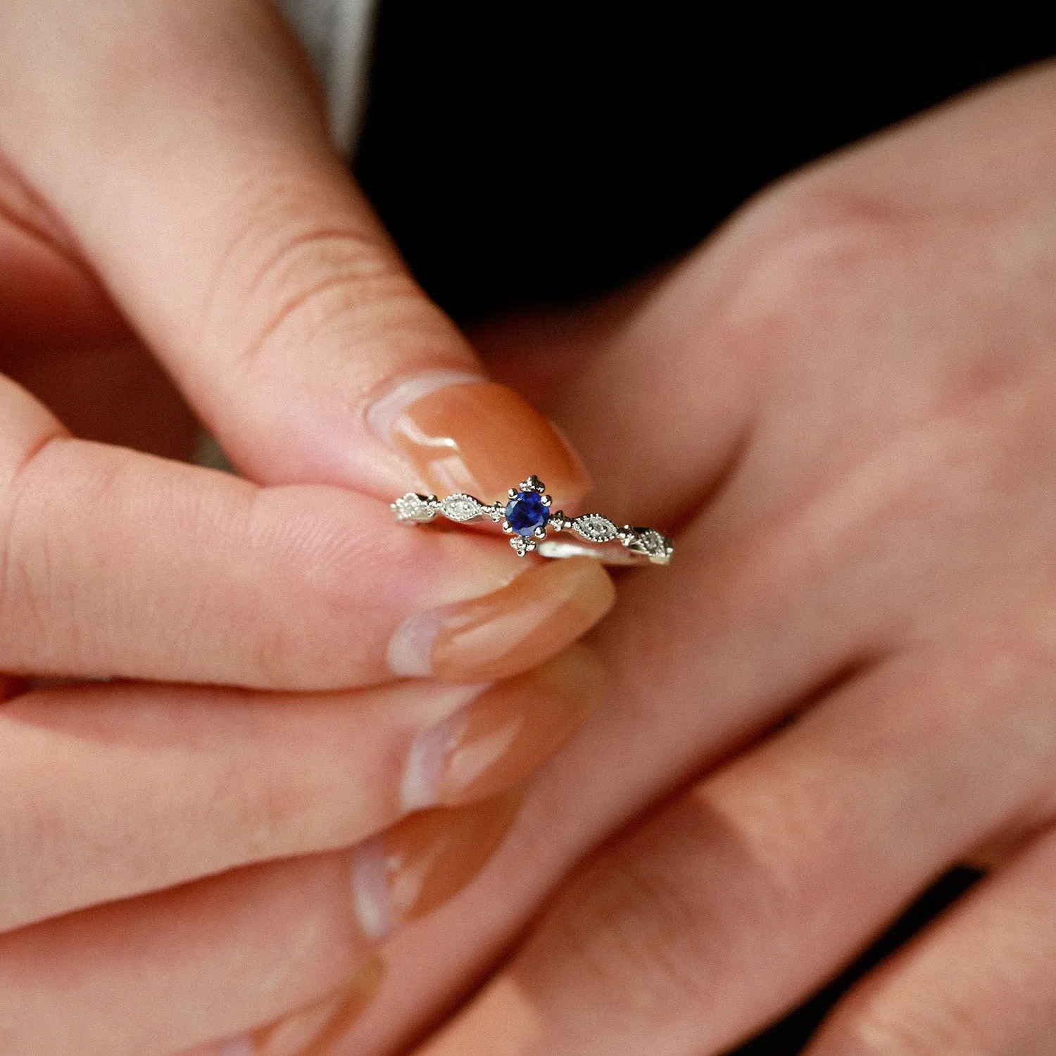 Lab Sapphire Vintage Inspired White Gold Ring