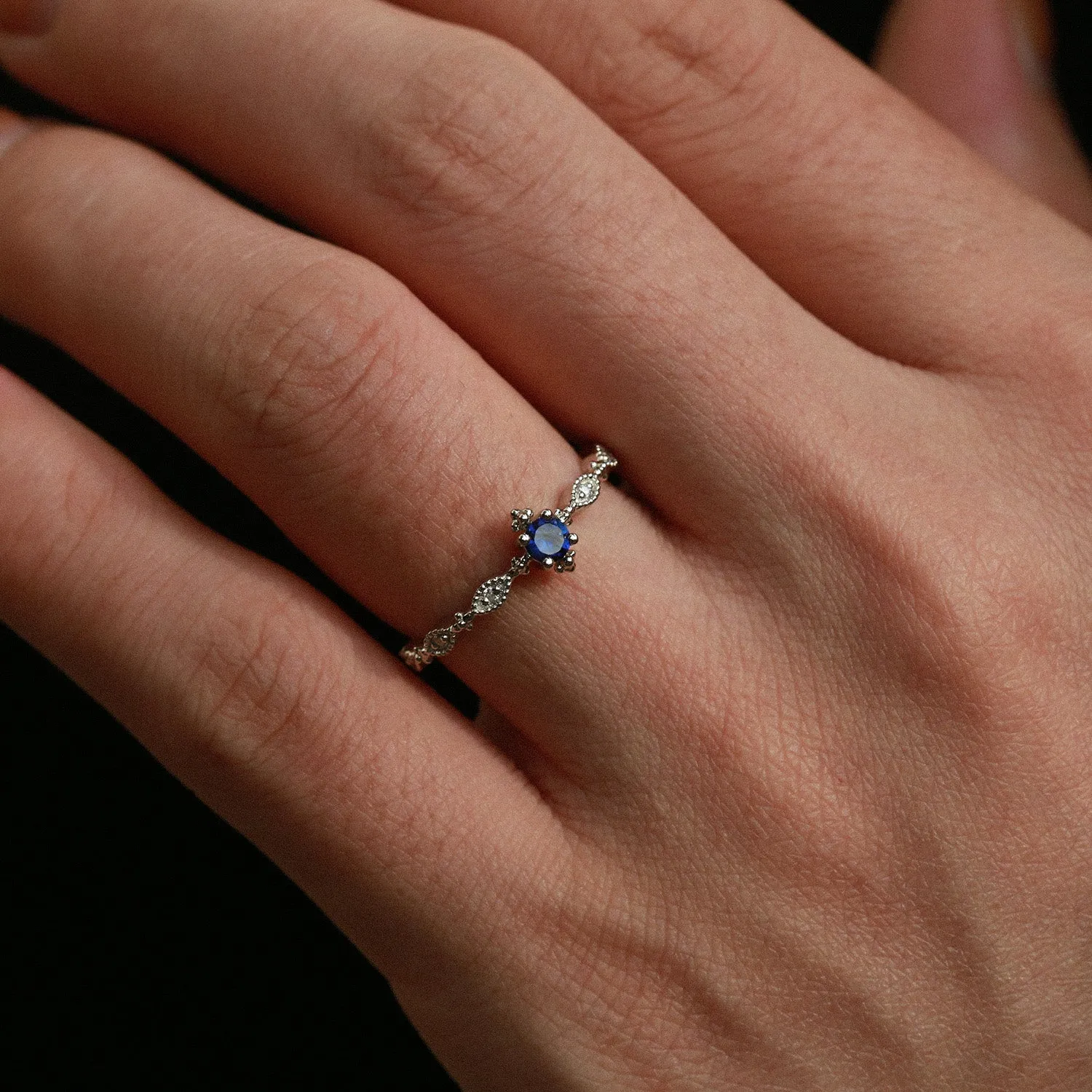 Lab Sapphire Vintage Inspired White Gold Ring