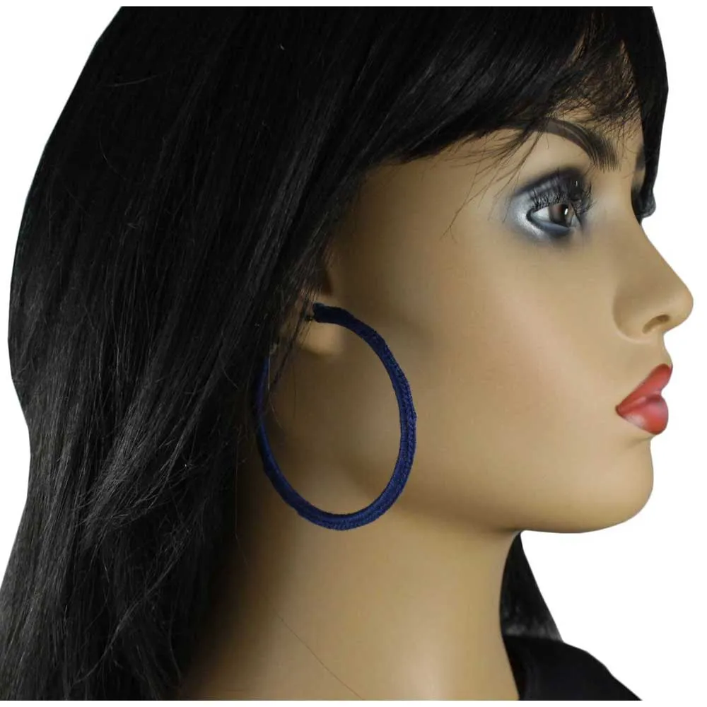 Large Navy Blue Crochet Hoop Pierced Earring - STXE15