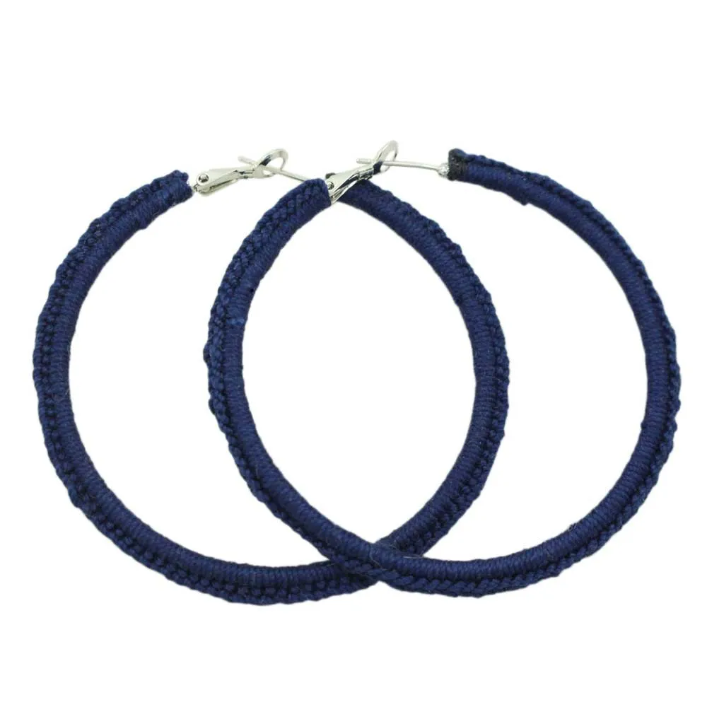 Large Navy Blue Crochet Hoop Pierced Earring - STXE15