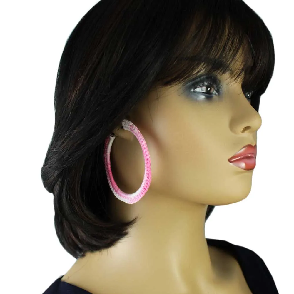 Large Pink and White Crochet Hoop Pierced Earring - STXE04